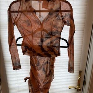 Kim Shui Brown Sheer Mini Skirt and Matching Sheer long sleeve top